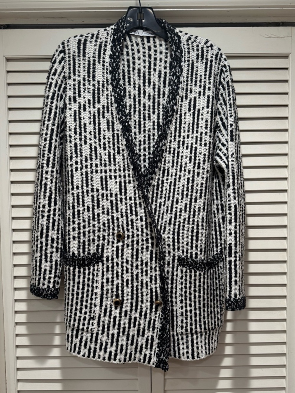 Zara—S, Black/White Cardigan, Double Breasted, Bouclé-like Trim, Gold/Buttons